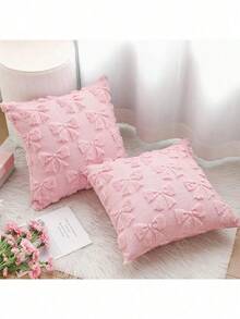 1/2 Pcs Bow Pillowcase Set Of Two Comfortable Room Decor Cute Faux Fur Soft Bow Without Padding Fluffy Plush Aesthetic Pillowcase Bed Sofa Sofa Sofa, Autumn Christmas Decoration (18 X 18 Inches, Pink) - 弓 - 查看 5