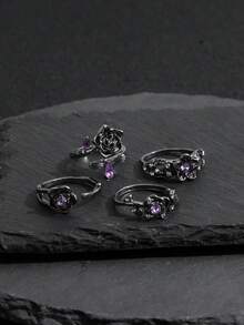Bộ 4 chiếc nhẫn tối giản màu tối hình hoa hồng leo và đính đá, nhẫn hình ong và hoa dành cho nữ. - Xám - Xem 5