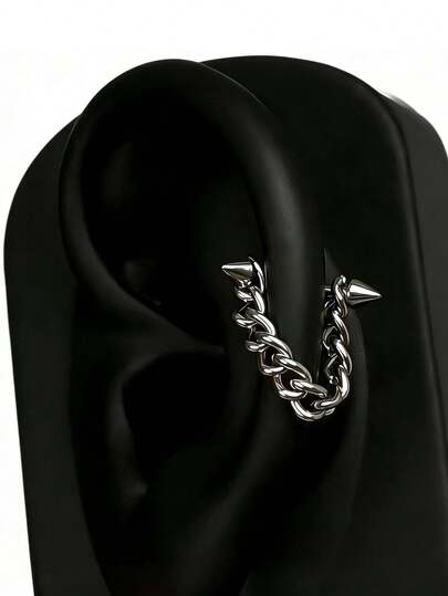 1件装尖头耳钉，耳骨穿孔耳环，弯杆带链不锈钢耳钉，耳骨穿孔耳钉套装，16G规格，朋克风格