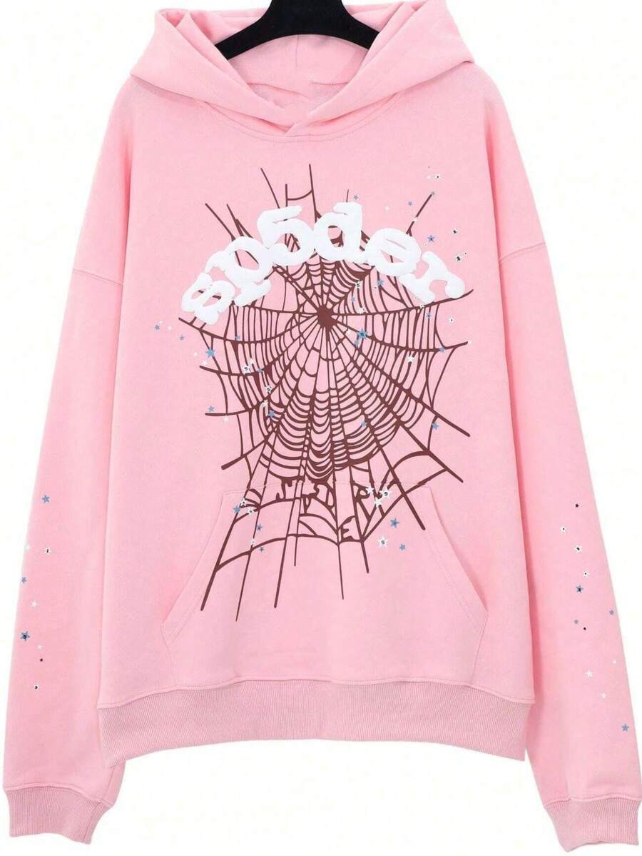 Autumn/Winter Clothing: Street-Style Hip-Hop Style Foam Spider Web Hooded Sweatshirt, Fashionable Sporty Hoodie. - 粉色 - 查看 1