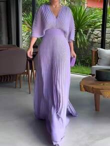 Dresses For Women,Women's Fashionable And Elegant Solid Color Pleated V-Neck Batwing Sleeve High Waist Full Skirt Long Dress - 淺紫色 - 查看 2