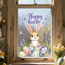 1pc Easter Static Window Cling Happy Bunny With Flowers Eggs And Hearts Pattern Glass Decoration Sticker Electrostatic No Glue Removable Waterproof PVC Double Sided Visual Decal For Living Room Kitchen Shop Window Spring Holiday Farmhouse Home Decor Adults - Multicolor - View 2