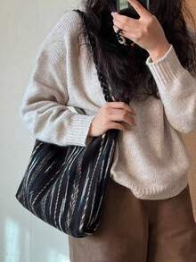 Retro Striped Minimalist Fashion Large Capacity Casual Commute Shoulder Tote Bag, Korean Chic Design - Multicolor - View 3