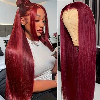 NATAN 99J Burgundy 4x1 Long Straight Lace Front Synthetic Wig Women'S 26 Inches, Soft Straight Pre-Pulled Bleached Knot Heat Resistant Fiber Cosplay Daily Party Gathering