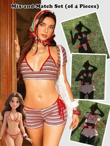 PEPPERMOLLY 4pcs Girls/Women Colorblock Striped Bikini Set - Cute Tie-Up Triangle Top + High-Waisted Swim Bottoms + Retro Striped Cover-Up, Summer Beach Swimwear Vacation - Multicolor - View 2