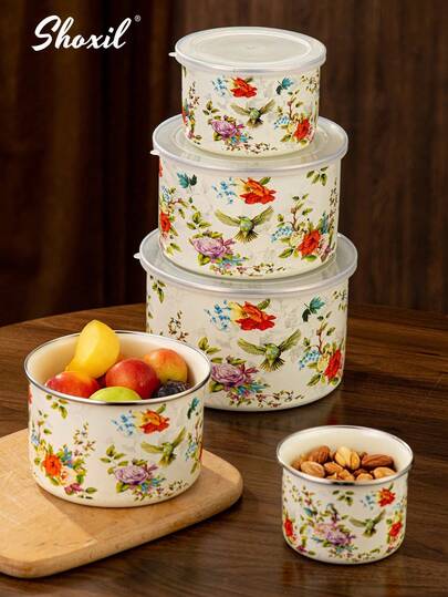 shoxil 5件套带盖嵌套式储物碗套装，搅拌碗套装，花卉印花珐琅冰淇淋沙拉蔬菜备料碗，金属备料碗，适用于烘焙、准备、烹饪和盛放食物