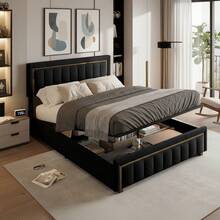 ZSSWSS Cama tapizada con canapé 140/160x200cm, canapé para adultos, con palanca hidráulica, cama doble con cabecero vertical texturizado, adecuada para adolescentes y adultos, somier de láminas, terciopelo, color negro - Negro - Ver 12