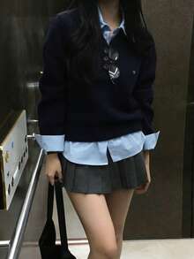 Autumn/Winter Sweater Design Layered Long Sleeve Knit Sweater - Navy Blue - View 8