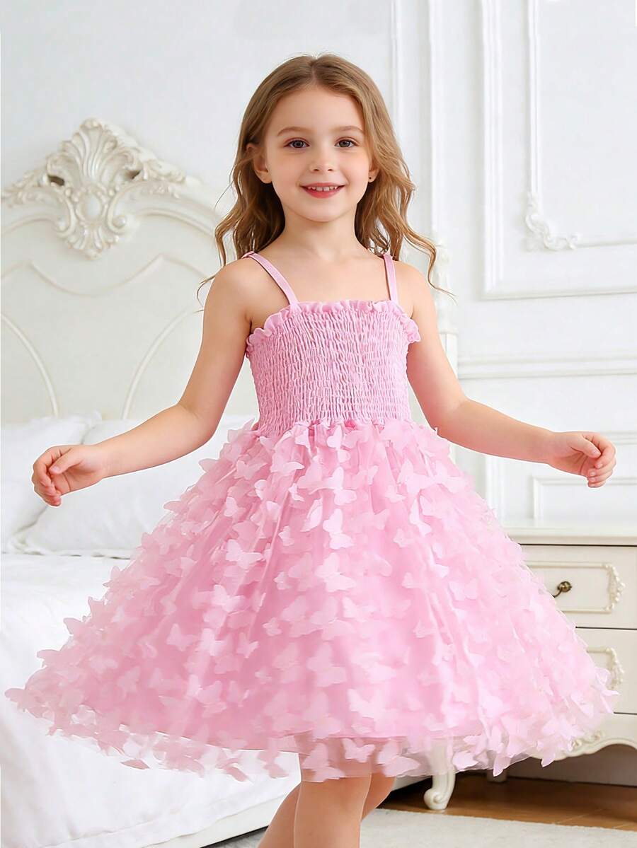 1pc Young Girls Cute Elegant Sweet Princess 3D Butterfly Embroidery Decor Spaghetti Strap Tulle Puff Skirt Tutu Dress, Party, Holiday, Birthday, Performance, All Season - Pink - View 1