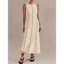 Vestido sin mangas para mujer, Puntada de contraste, Tejido acanalado - Beis - Ver 7