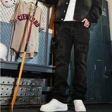 Casual Loose Straight Leg Jeans With High Street Embroidery Distressed Wash - Black - View 5