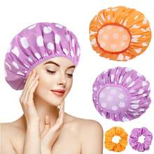2 Packs Large Shower Caps For Women, Waterproof Shower Cap Double Layers Bath Caps With Hair Scrunchies For Long Thick Hair - màu tím, màu cam - Xem 1