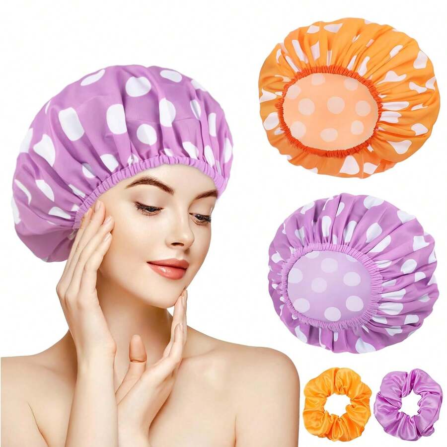 2 Packs Large Shower Caps For Women, Waterproof Shower Cap Double Layers Bath Caps With Hair Scrunchies For Long Thick Hair - màu tím, màu cam - Xem 1