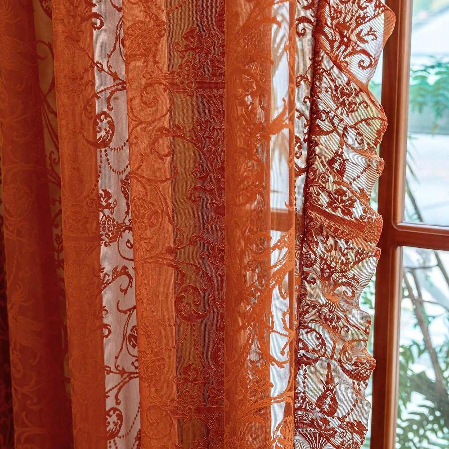 Green Sheer Curtains 108 Inch Long Living Room - Shabby Chic Floral Ruffled Curtains, Elegant Knitted Privacy Rod Pocket, Emerald Green, Spring/Summer, 1 Pair, 59 X 108 Inch - 焦橙色 - 查看 1