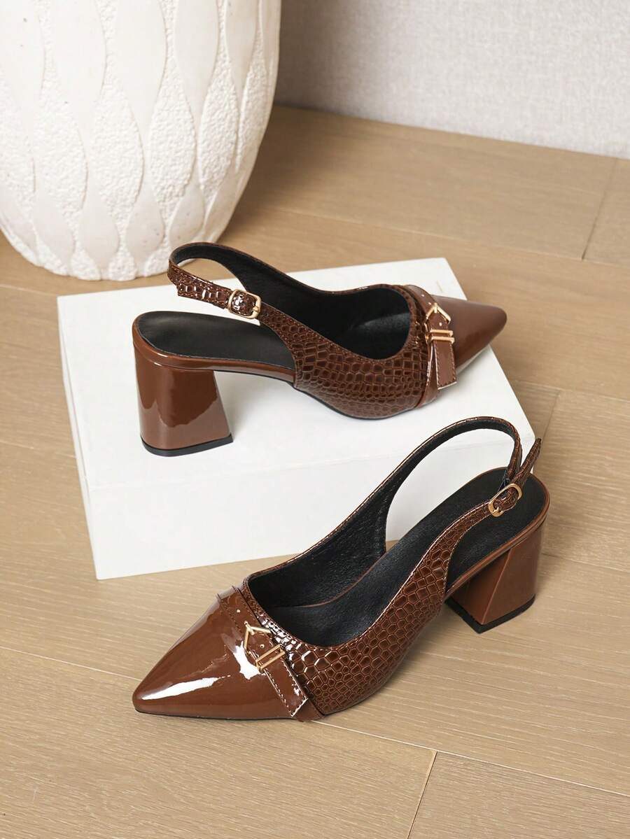 Wine Red Open Back High Heel Sandals, New Chunky Heels Pointed Toe Design, Breathable Suitable For Dresses, Plus Size - Brown - View 1