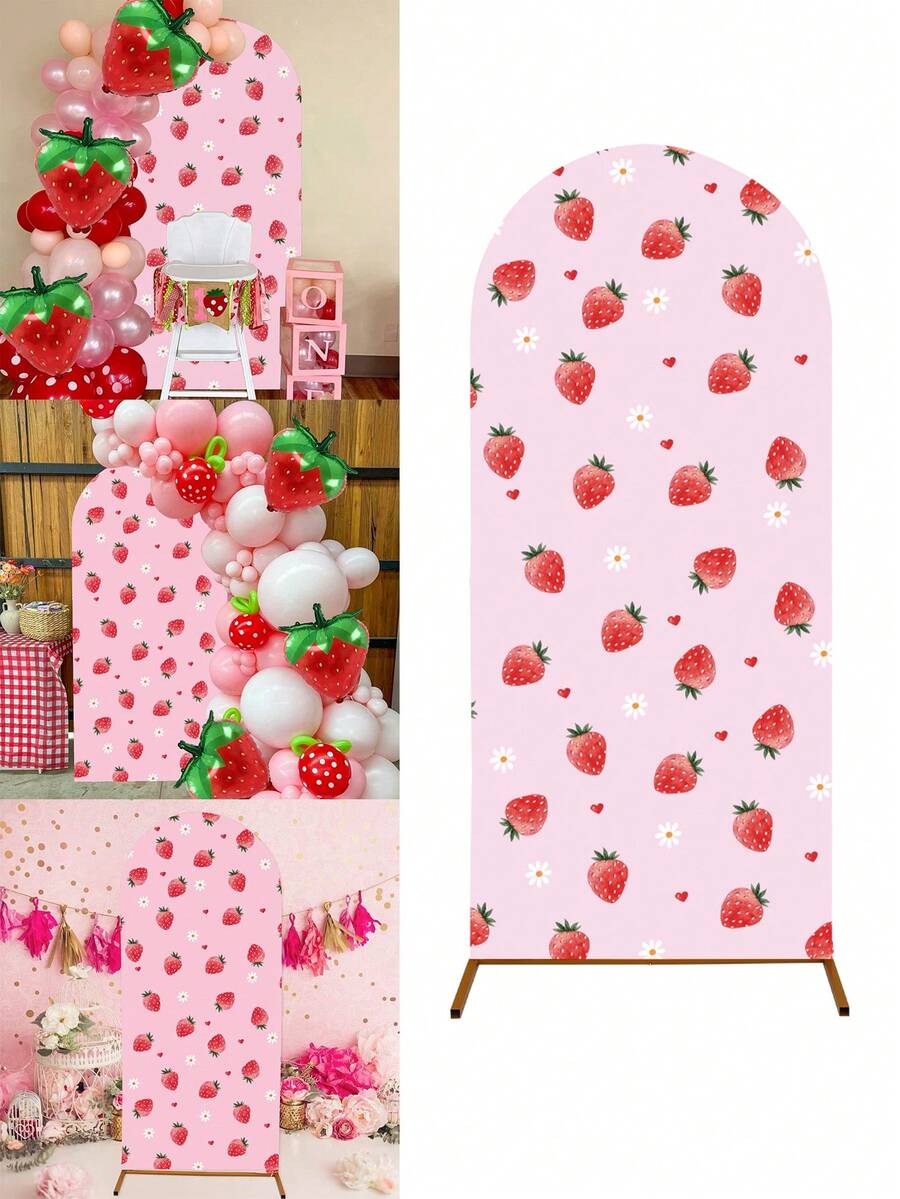 1件草莓拱形背景布，涤纶材质（不含支架），拱形布套，可搭配气球装饰，草莓主题派对用品，婴儿派对装饰，性别揭晓派对装饰，婴儿派对礼品袋填充物，一周岁生日派对装饰，新生儿派对装饰，家居装饰 - 草莓 - 查看 1