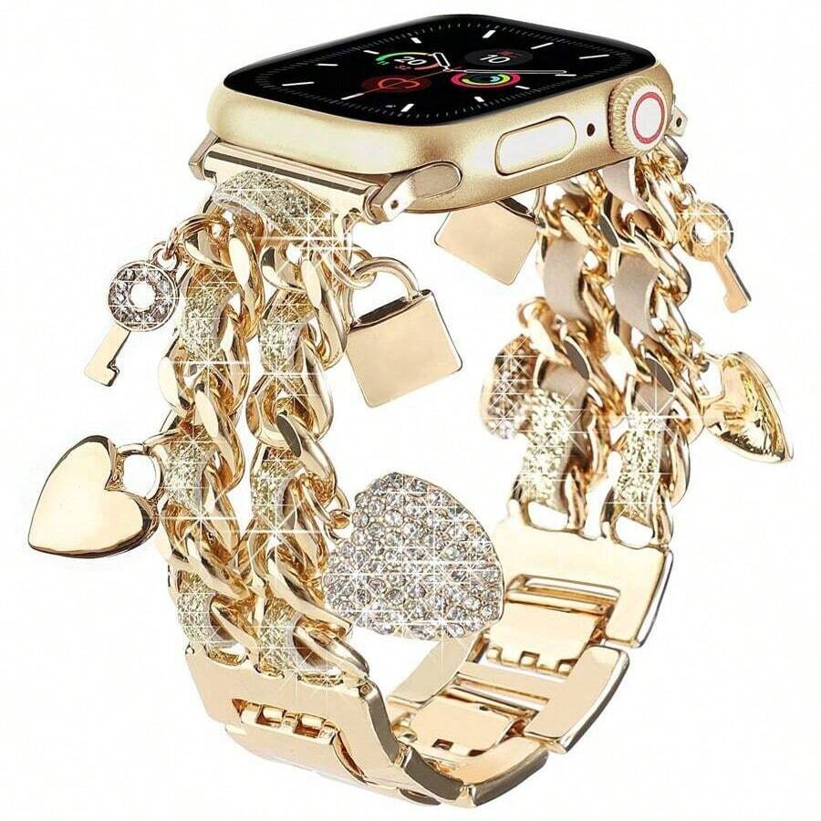 Metal Keychain Watch Band, Compatible With 49/46/45/44/42/41/40/38mm Bands, Women's Fashion Heart-Shaped Chain With Cute Pendant, Elegant Wristband, Suitable For Series 10 Ultra 2 9 8 7 6 5 4 3 2 SE