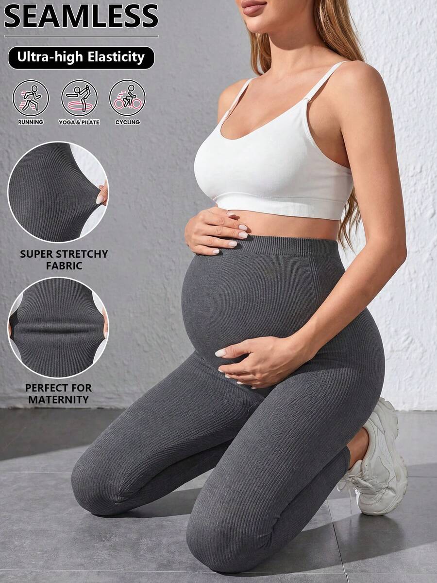 Maternity Solid Color High Waist Ribbed Skinny Casual Pants Spring - Dark Grey - View 1