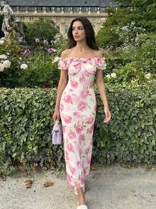 Women's Elegant Pink Rose Print Off Shoulder Ruffled Ruched Bodycon Maxi Dress, Chic Sleeveless Summer Dress, Romantic Garden Party Outfit - Multicolor - View 2
