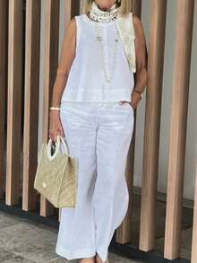 Loose Fit Sleeveless Top And Wide Leg Pants Set Casual Wrinkle-Free Two-Piece Outfit For Women - 白色 - 查看 1