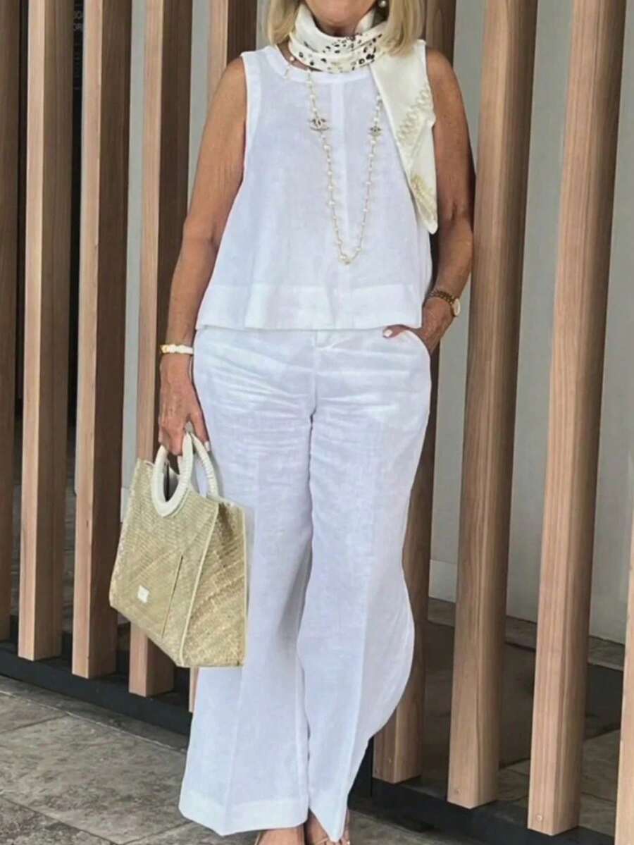 Loose Fit Sleeveless Top And Wide Leg Pants Set Casual Wrinkle-Free Two-Piece Outfit For Women - 白色 - 查看 1