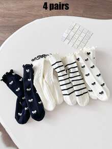 4 Pairs Princess Style Ruffle Trim, Mushroom, Bow, Striped Socks, Autumn/Winter
