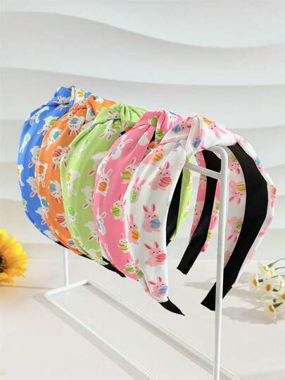 1pc Easter Bunny & Egg Print Knotted Wide Headband For Women, Cute Animal Element Fabric Hair Accessories, Suitable For Holiday Party, Dress Up, Daily Wear, Hair Band, Hair Hoop