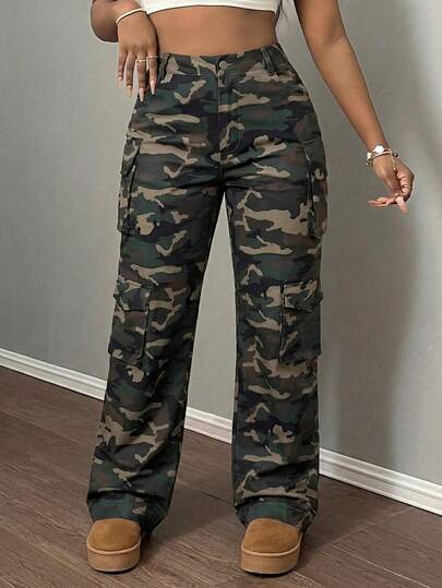 Women's Camouflage Print Cargo Pants With A High Waist And Multiple Pockets, Wide-Leg Style, Suitable For Edgy Streetwear Outings And Casual Weekend Gatherings