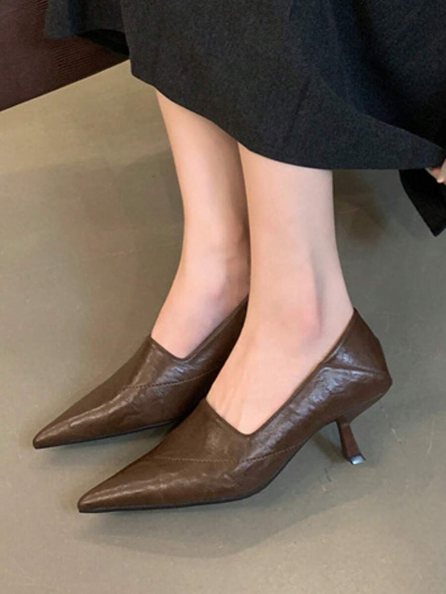 Women's Pointed Toe Elegant Low Heel Slip-On Shoes, Versatile Comfortable Solid Color Commuter Shoes For Office,Kitten Heels - Brown - View 1