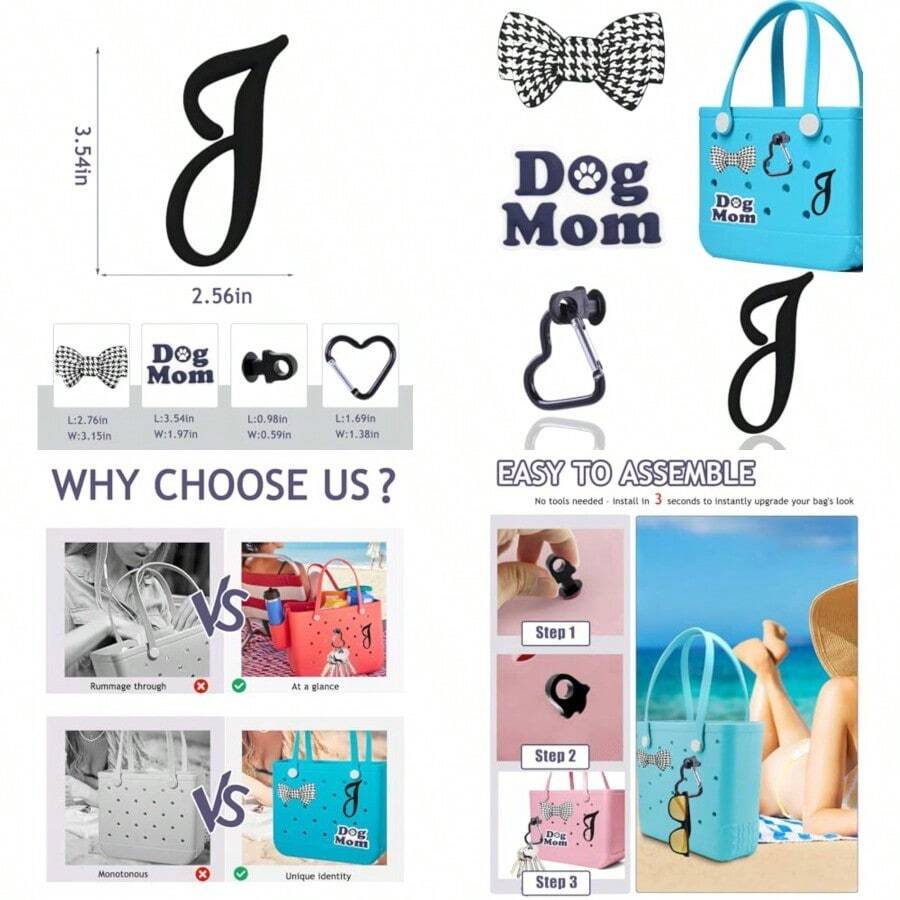 5-Pack Letter Charm Set For Bogg Bags - PVC Rubber Accessories With Key Holder Clips And Insert Hooks Compatible With Totes And Beach Bags - BlackJ - View 1