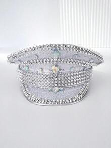 Punk-Style, Glittery Sequined Rhinestone Captain's Hat, Colorful Rave Disco Party Hat, Studded Cap, Costume Accessory For Women - 銀色 - 查看 6