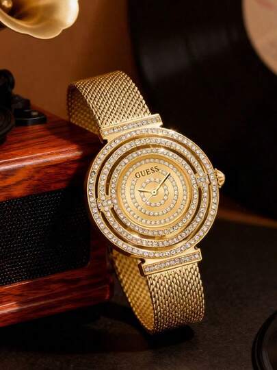  32mm Champagne Dial Rhinestone Embellished Elegant Quartz Watch For Women GUESS Women's Gold-Tone Crystal Watch - 32mm Champagne Dial, Crystal-Embellished Markers, Full Crystal Bezel And Mesh Bracelet, Sophisticated Quartz Timepiece For Special Occasions And Everyday Wear, GUESS Model GW0550L2