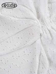 Aflion Women's White Solid Square Neck Camisole Top With Hollow Embroidery Lace-Up And Ruffle Hem, Cotton Fabric, Lightweight And Breathable, Casual And Versatile, Suitable For Spring/Summer, Date, Daily Wear, Carnival - White - View 4