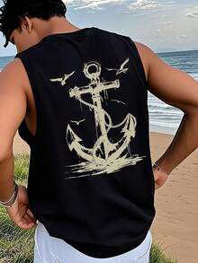 1pc Men's Summer Casual Seagull & Anchor Print Round Neck Tank Top - Black - View 2
