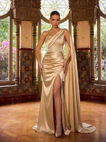 Faeriesty Đầm satin lệch vai dành cho nữ, đính đá lấp lánh, thiết kế dây đeo vai xếp nếp, eo thắt, xẻ tà cao kiểu đuôi cá (đầm dài đến sàn) - Thanh lịch và quyến rũ, phong cách sang trọng, lý tưởng cho đám cưới, dạ hội, lễ trao giải và các sự kiện thảm đỏ. Thích hợp cho tiệc mùa xuân. - Rượu sâm banh - Xem 4