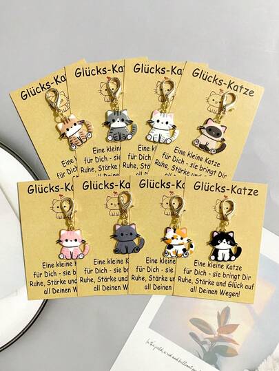 1 Set Cute Cat Keychain With Lucky Cat Inspirational German Greeting Card - Soft Colors (Pink, Blue, Orange, Black, White, Gray, Beige) - Wedding, Birthday, Christmas, Valentine's Day Party Gift, Ideal For Girls, Women, Cat Lovers - For Bags, Keys, Party Decor, Holiday Decor, Wedding Favors, Animal Keychains, Durable Material, Gift Set, Women Gifts