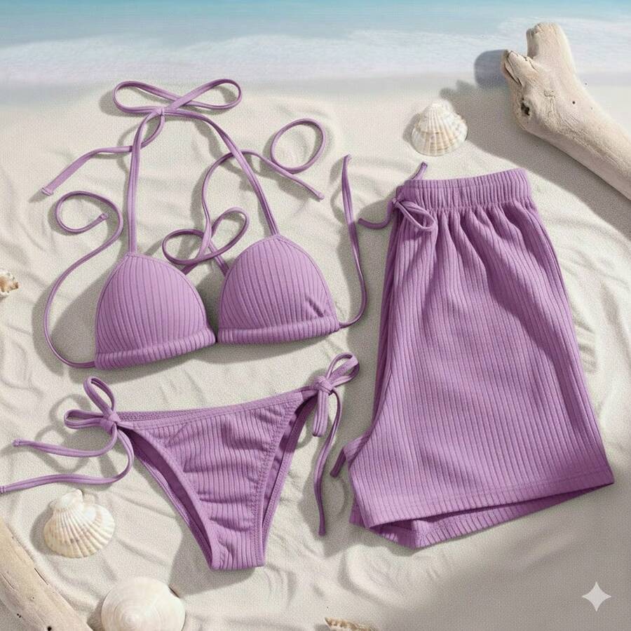 3-Piece Ribbed Beachwear Set: Complete Bikini (Top/Bottom) + Loose Shorts | Beach Cover-Up - Lilac - View 1