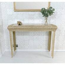 Gold Embossed Metal Mirrored Glass Console Table - Gold - View 1