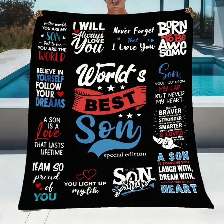 1pc World'S Best Son Special Edition Flannel Blanket| Comfortable And Soft Polyester Flannel, Suitable For All Seasons, Ideal For Sofa, Bed, Car, Office, Multipurpose Use, Machine Washable, Perfect For Birthday, Valentine'S Day, Thanksgiving Gifts - White - View 1