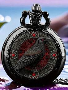 中号彩色图案复古翻盖装饰怀表项链，男女通用独特石英怀表套装，学生款 - 均碼 - 查看 3