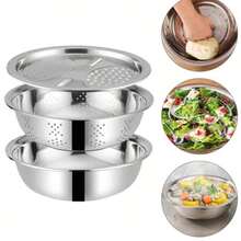 3pcs Stainless Steel Kitchen Set, Includes Integrated Grater, Multipurpose Strainer, And Drainable Prep Bowl - Versatile Bowl For Washing/Cutting Fruits, Vegetables, And Cheese - Silver - View 5
