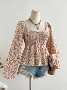 Rusttydustty Áo sơ mi dài tay xếp ly họa tiết hoa lãng mạn cổ điển, phong cách Bohemian giản dị thanh lịch, kiểu dáng ngọt ngào duyên dáng phù hợp cho các lễ hội âm nhạc, kỳ nghỉ xuân. - Màu be - Xem 2