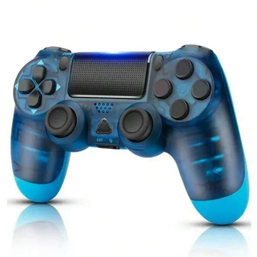Mando PS-4, mando PS-4 inalámbrico, con cable USB C/batería de 1000 mAh/dos motores/giroscopio de 6 ejes/conector de audio de 3,5 mm/panel táctil multitáctil/botón Share, mando PS-4 compatible con PS-4/Slim/Pro/PC - Mando para PS-4 Remoto para Playstation 4/Pro/Slim con doble vibración/conector para auriculares estéreo/panel táctil/control de movimiento de seis ejes - Azul transparente - Ver 1