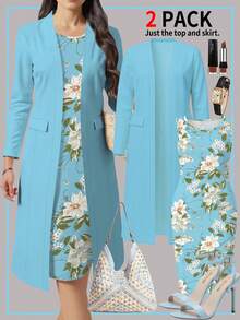 2pcs Plus Size Women's Solid Color Minimalist Faux Pocket Mid-Length Cardigan & Sleeveless Ditsy Floral Dress Set, Elegant & Casual Style, Suitable For Spring To Summer Occasions Like Valentine's Day, Ramadan, Evening Dates, Beach Photos, Vacation, Weddings, Holidays, And Daily Commute - Baby Blue - View 3