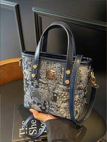 New Chinese Style Embroidered Small Bucket Bag For Women 2025 Spring/Summer Fashion Handbag, Elegant Versatile Shoulder Bag , Office Bag - Navy Blue - View 3