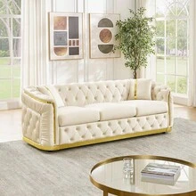YOGLAD 1pc Luxury Italian Velvet Chesterfield Sofa Set 3+2 Seater, Split Living Room Sofa Couch With Gold Stainless Steel Trim, Button Tufted Curved Arm Velvet Sofa, Modern Light Luxury Upholstered Loveseater + 3-Seater Set With Throw Pillows For Home Living Room Apartment - 米色 - 查看 6