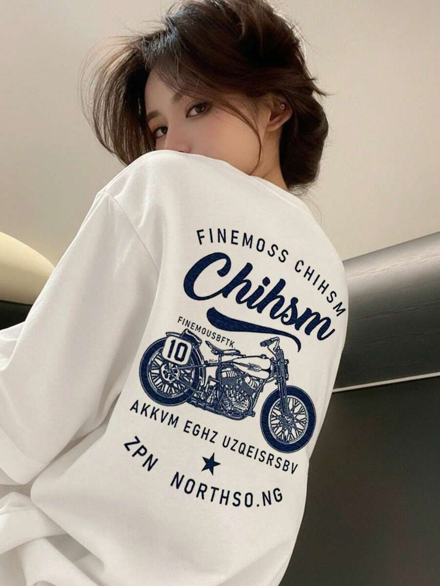 Camiseta de manga larga con cuello redondo, estampado de letras y motocicletas, de corte holgado y casual para mujer, para primavera/otoño - Blanco - Ver 1