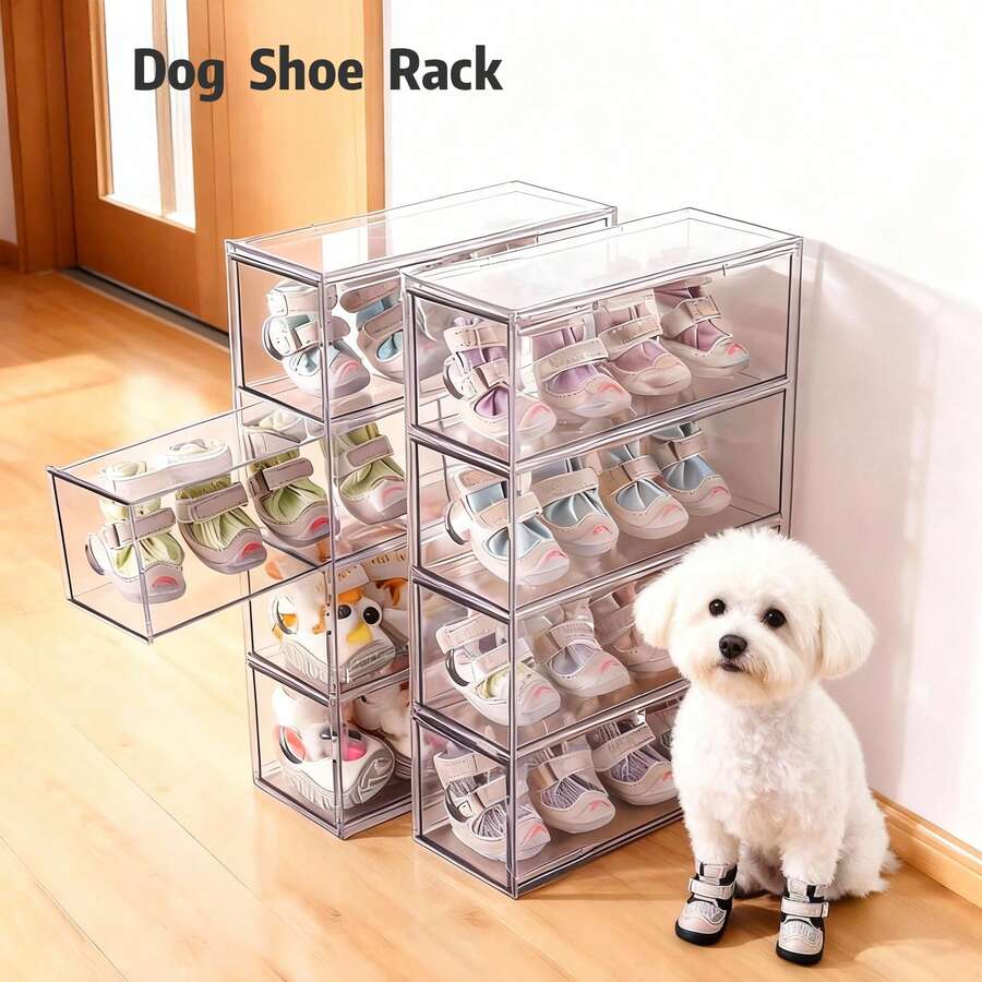 1 pieza Caja de almacenamiento de zapatos para perro de 4 niveles de acrílico, estantería de exhibición - Apilable, impermeable, a prueba de polvo, caja de zapatos ventilada, diseño extraíble transparente, fácil de usar - Ahorro de espacio, ideal para la organización de zapatos para mascotas, artículo imprescindible
