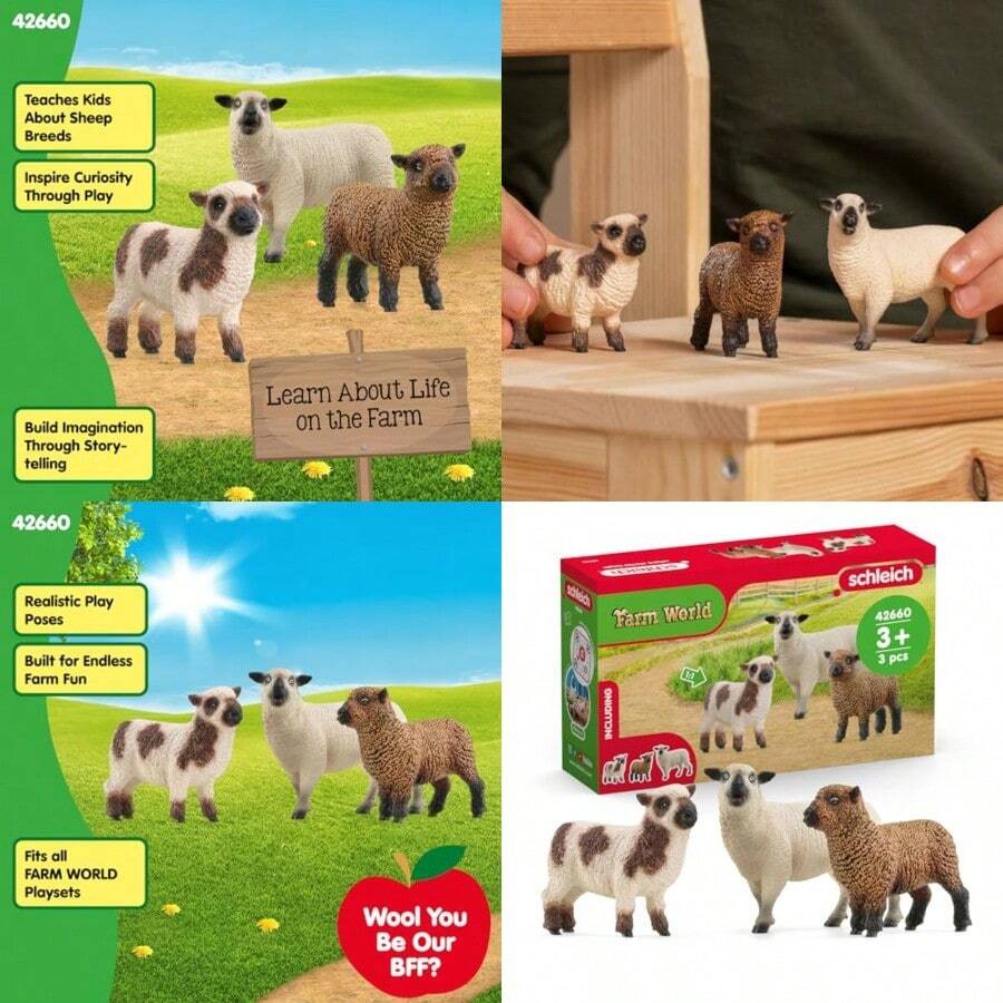 Schleich Farm World - Sheep Friends Playset - 3 Realistic Sheep Figurines - Cute Farm Animal Toys For Ages 3+Lifelike - 如圖所示 - 查看 1