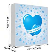 Valentine's Day Decorative Wooden Box - Square White Box With Light Blue & White Printed Design, Overlapping Glossy Blue Hearts, Smaller White - Outlined Blue Heart, Light Blue Ribbon With 'Be My Valentine' Text, Surrounding Smaller Light Blue Hearts & Bursting Sunburst Lines On Light Blue Background, Festive Valentine's Day Theme Decor Box - White - View 5